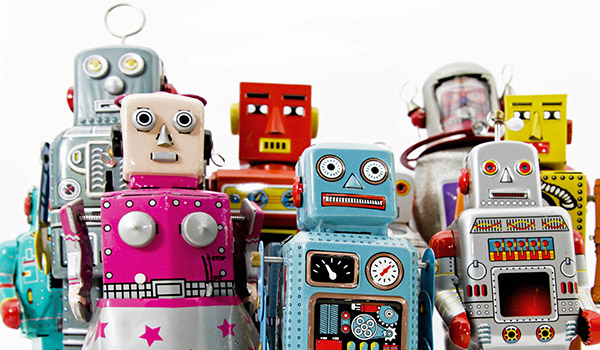 Group of colourful toy robots