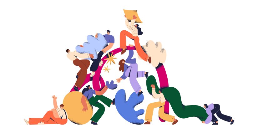 graphic of creative people carrying coloured shapes