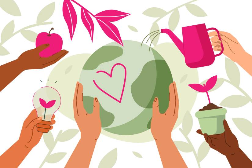 Colourful graphic of hands watering the earth