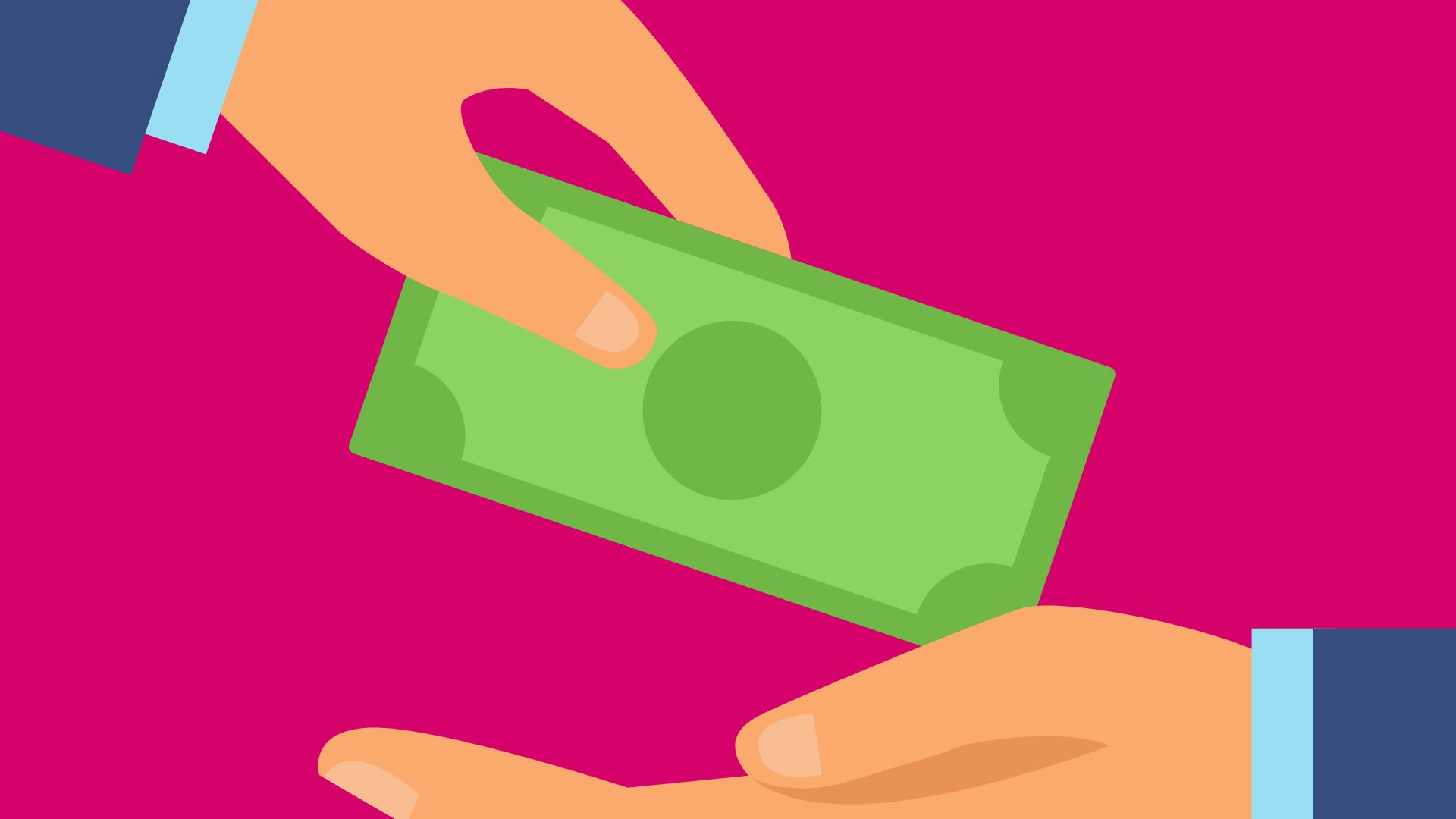 Two hands passing money on pink background