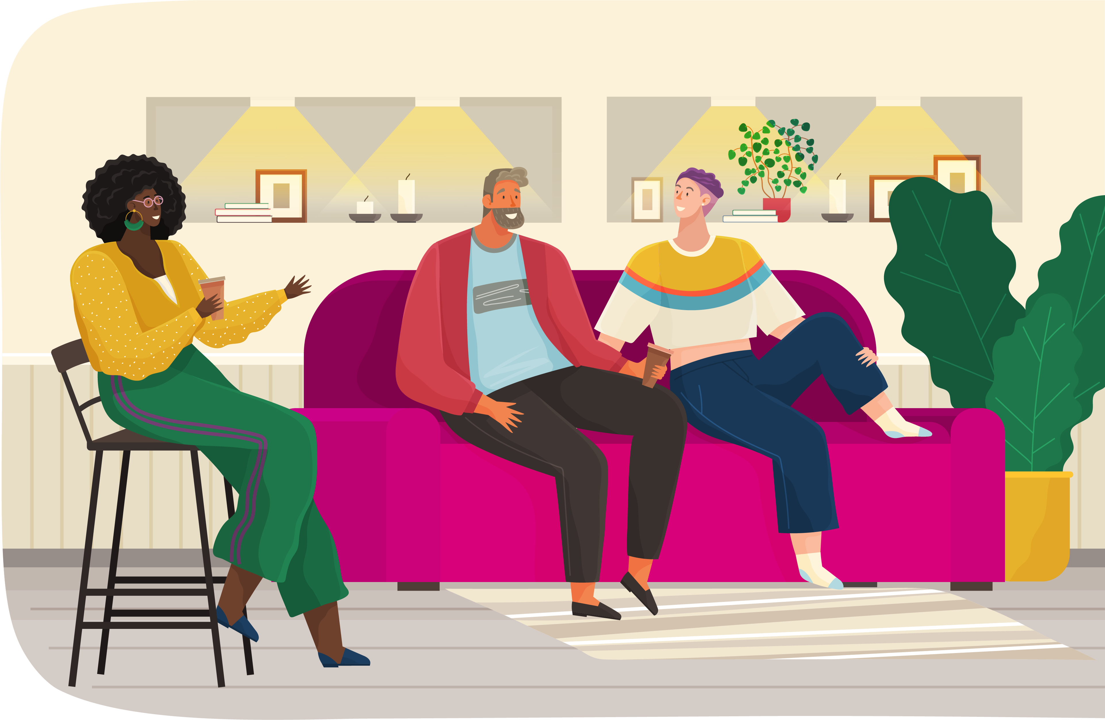 People talking sitting on a pink sofa