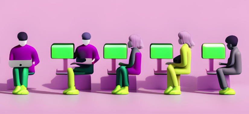 AI generated image of people in office sat at computers typing 