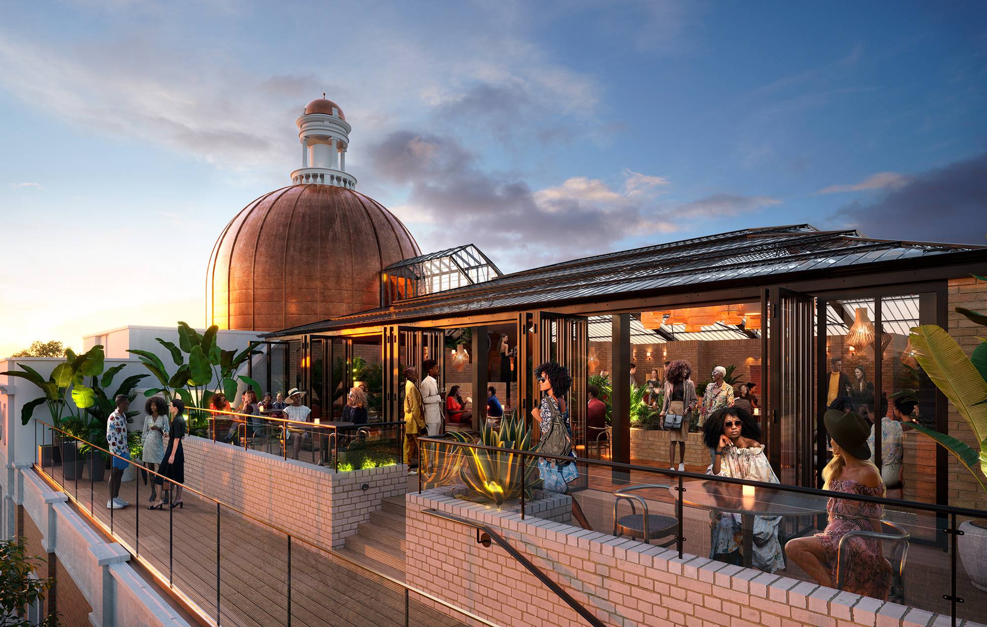 rooftop bar with people at evening