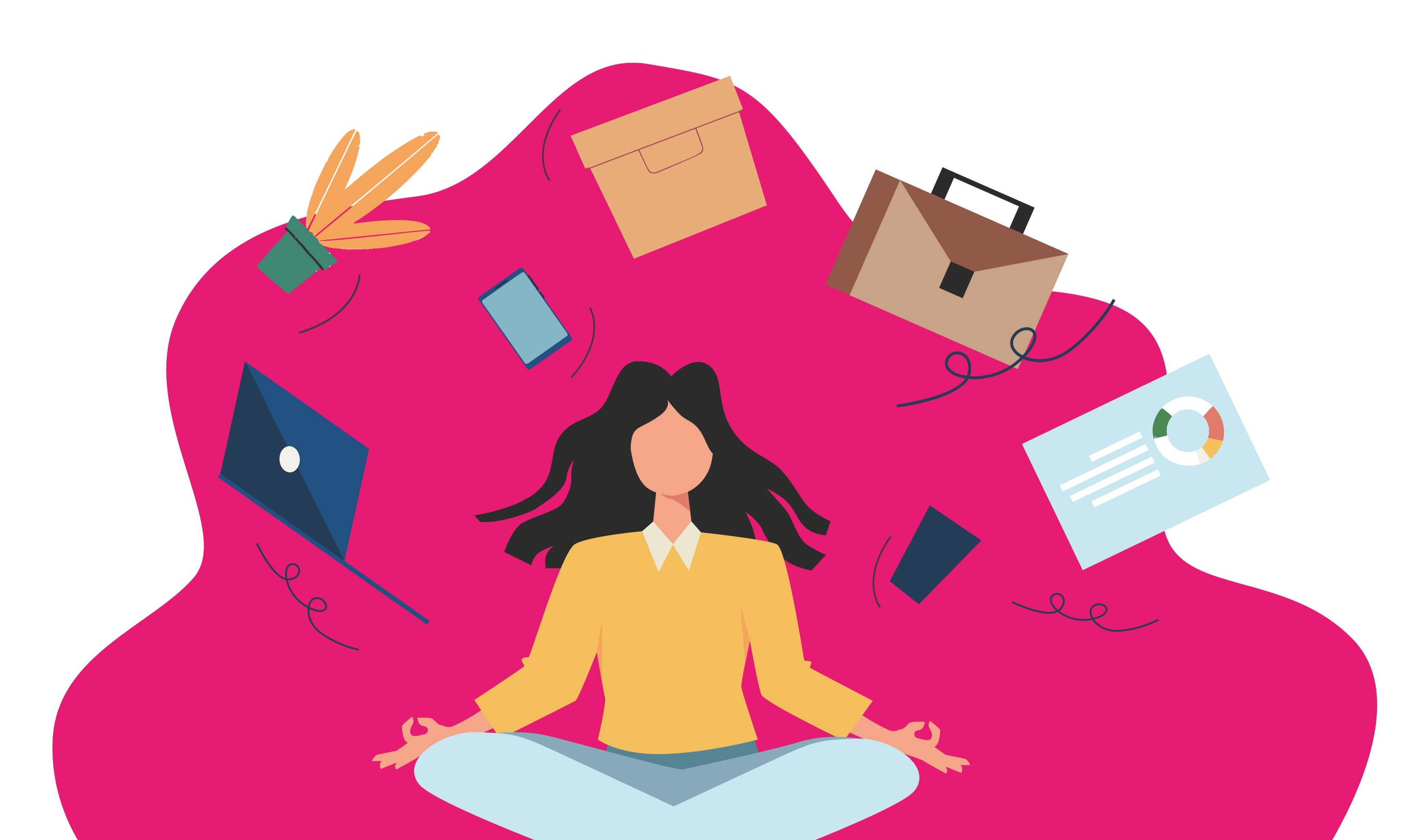 Woman with office supplies floating above her while meditating