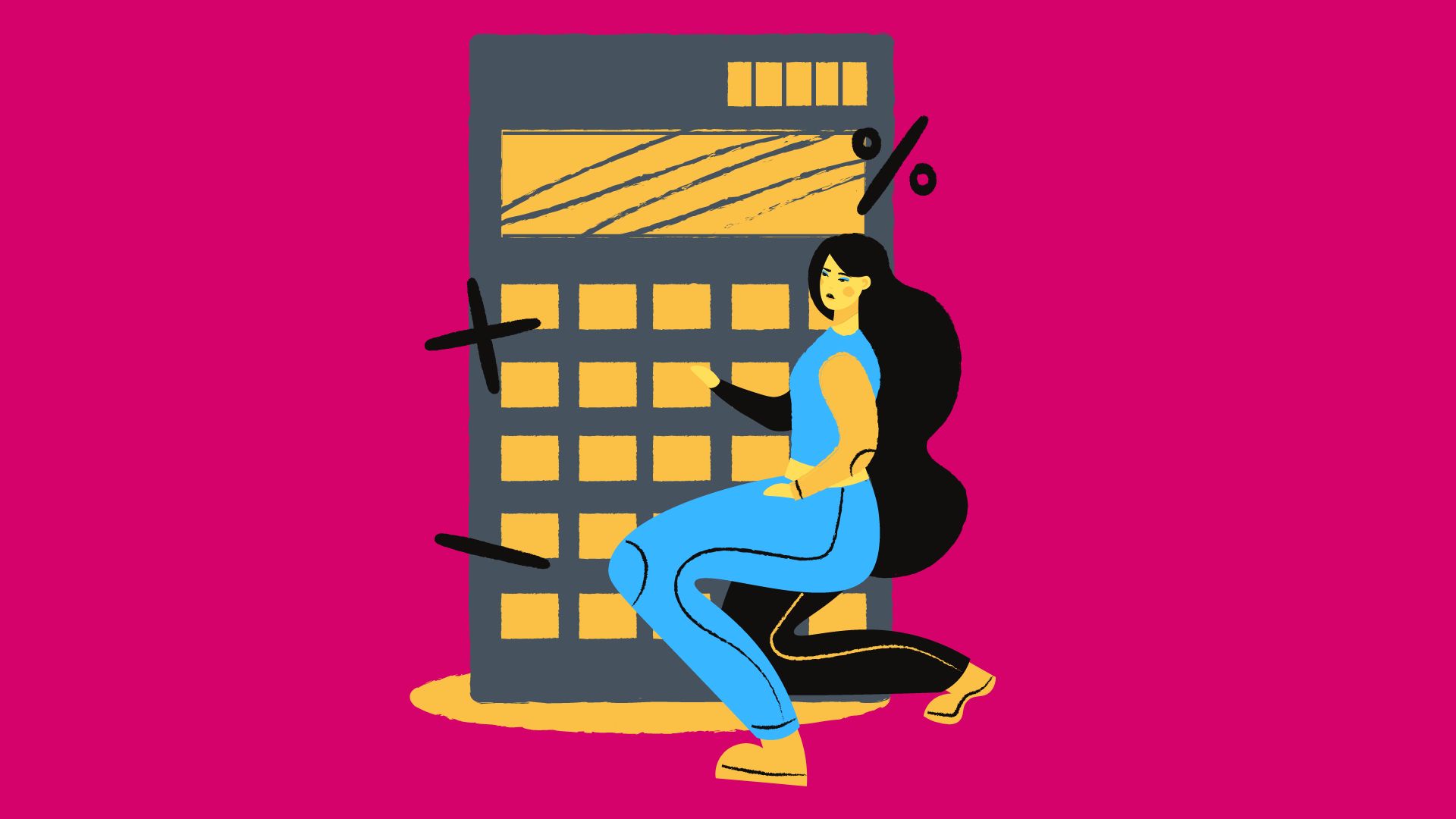 Woman using lage calculator on pink background